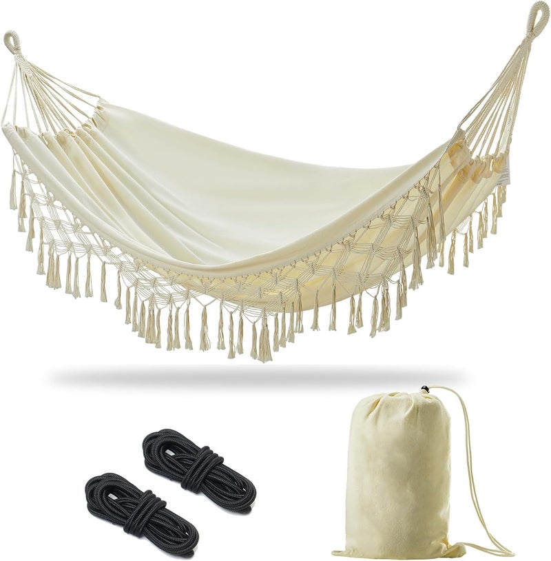 JoyView Boho Macrame Double Hammock with Hanging Ropes & Elegant Tassels 86.6x59 Portable Cotton Hammock for Patio Backyard Porch 450LBS Weight Capacity Perfect for Outdoor/Indoor - Beige Color - Image 1